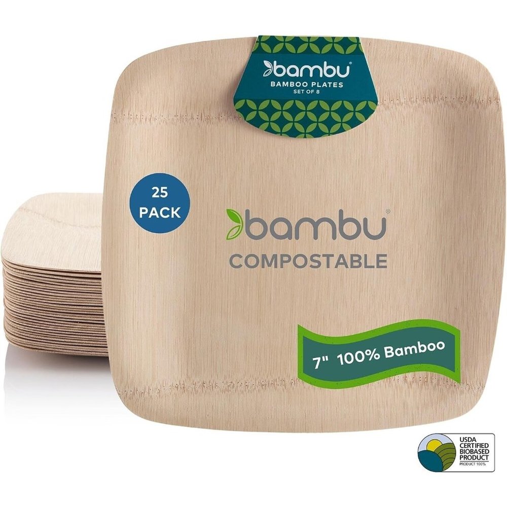 Bambu, Disposable Bamboo Square Plates 7 Inch, Organic